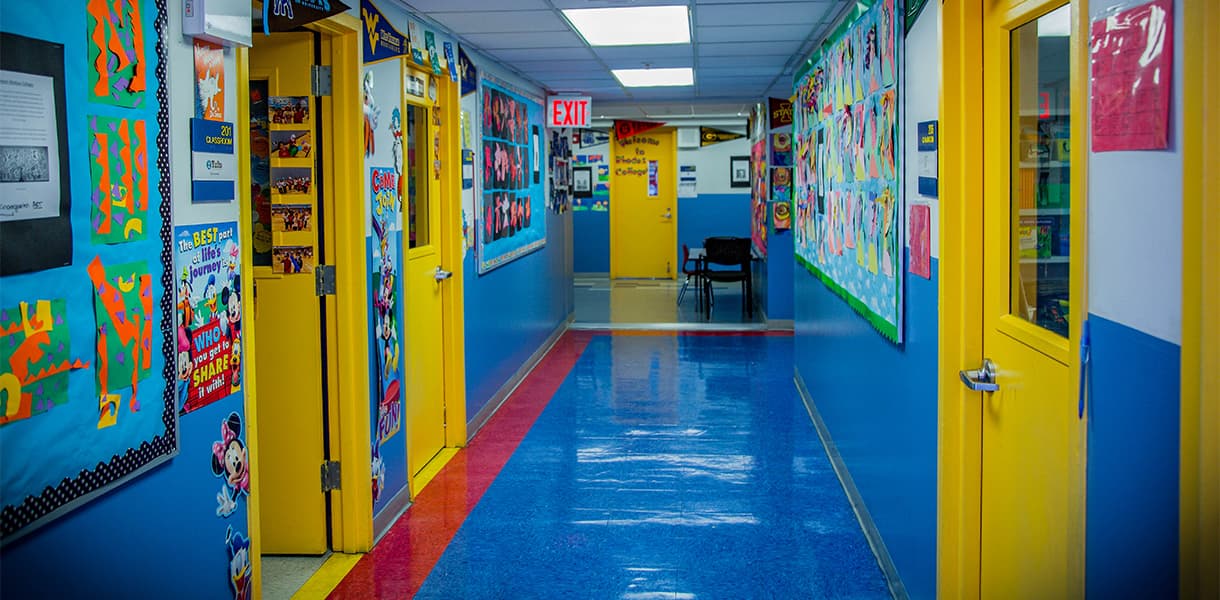 School hallway with bright colors